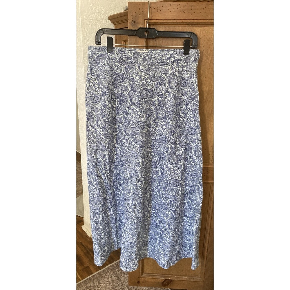 L.L. Bean Blue Paisley Print 100% Linen Maxi A-Line Skirt Size 10 - Classic